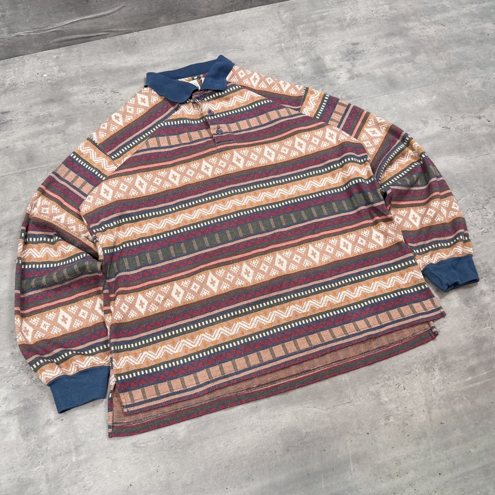 Vintage VTG 1990's 90's Great Lake Pattern Aztex Rugby Long Sleeve Polo Shirt